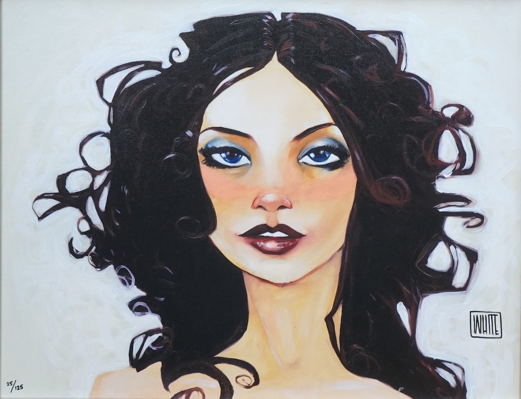Todd White (b.1969), contemporary embellished canvas on board, Portrait of a girl, limited edition 25/125, 39 x 49cm